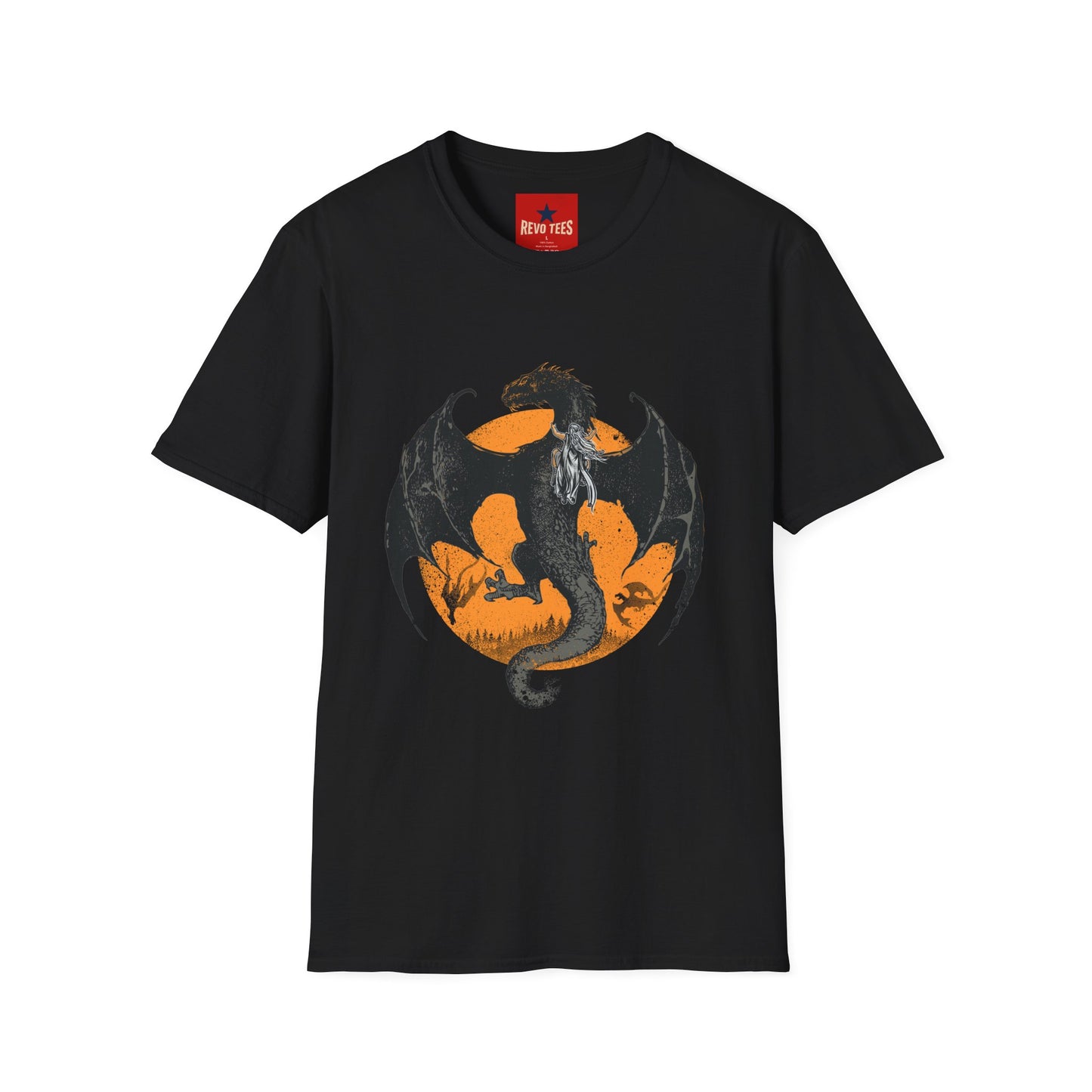 Dragon Moon T-Shirt — Black Dragon Silhouette with Orange Moon