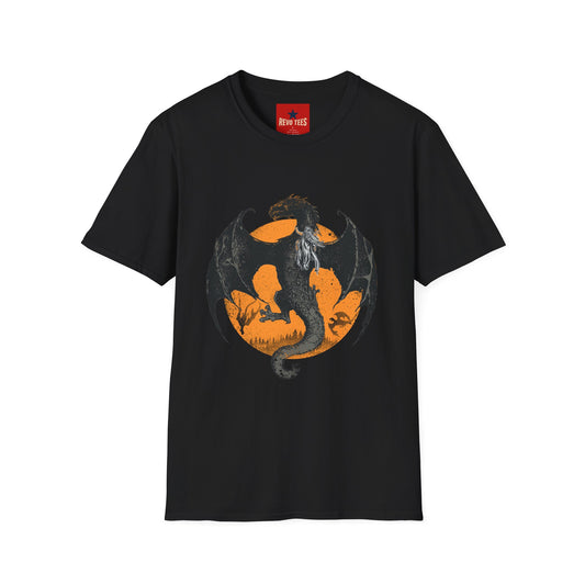 Dragon Moon T-Shirt — Black Dragon Silhouette with Orange Moon