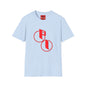 Parker Industries Graphic Tee — Red Circular Monogram Design