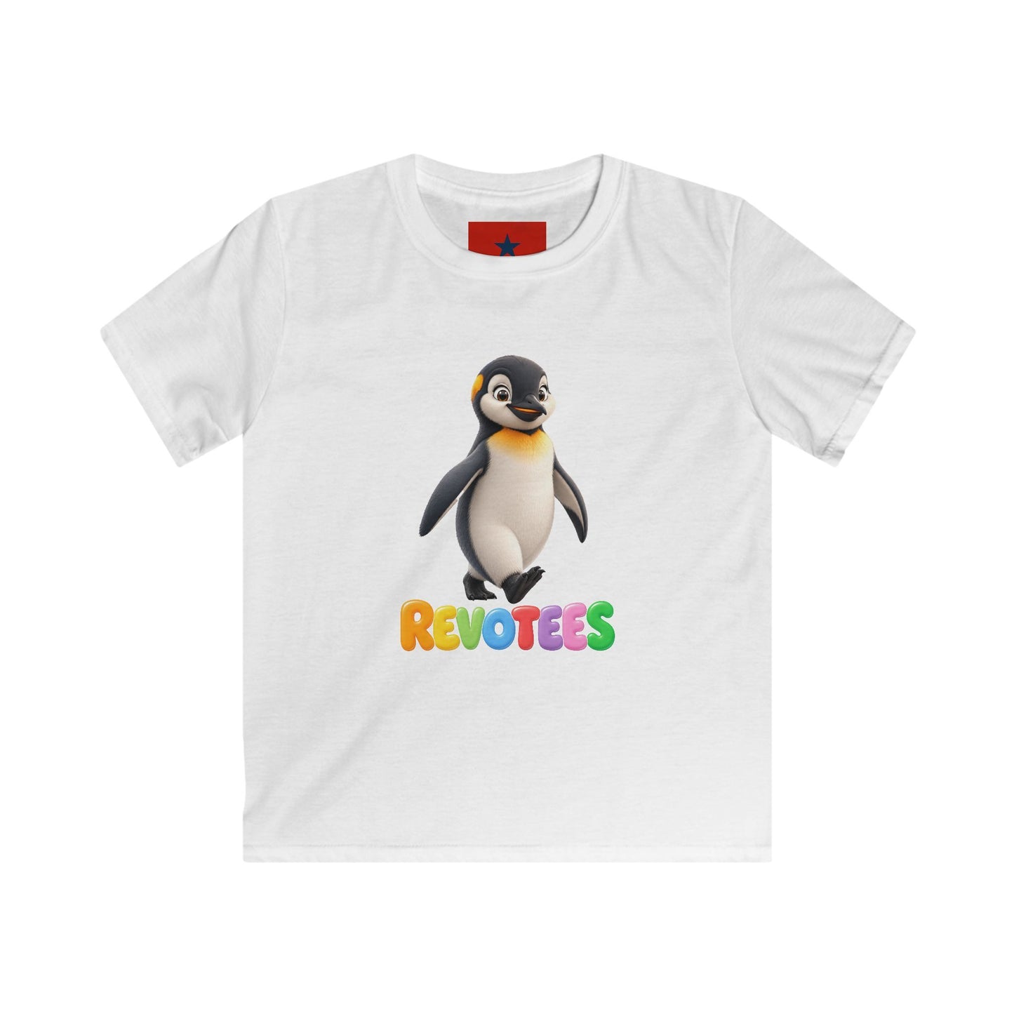 Kids Tee — Cute Pebble Penguin “REVOTEES” Colorful Logo