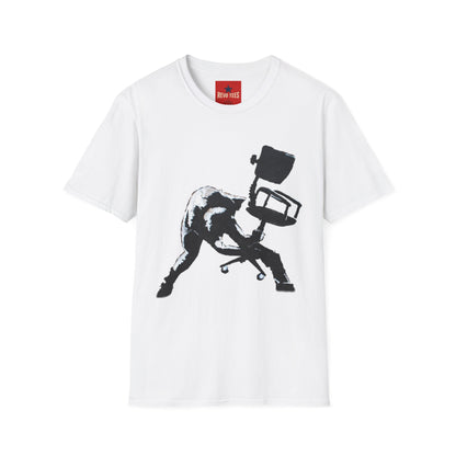 Banksy T-Shirt — Black Cat Tossing Office Chair Graphic Tee