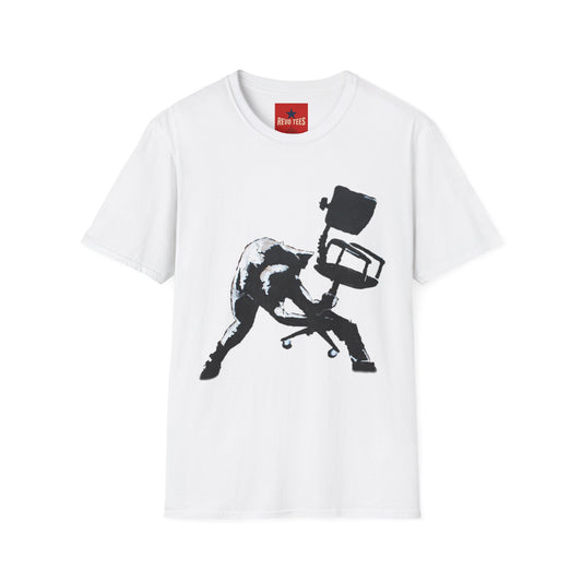 Banksy T-Shirt — Black Cat Tossing Office Chair Graphic Tee