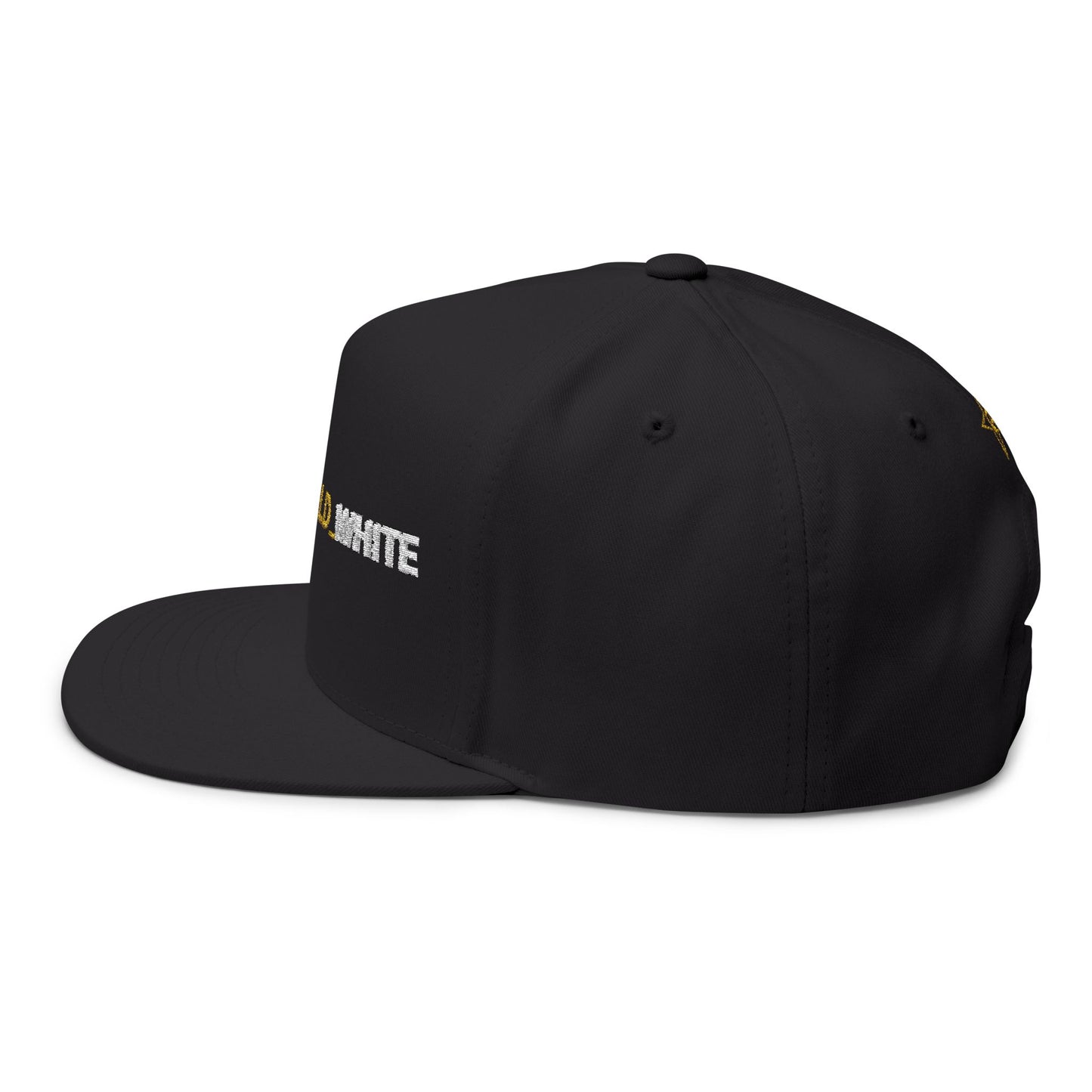 REVOTEES Embroidered Flat Bill Cap – BLACK_GOLD_WHITE Text with rear Gold Star