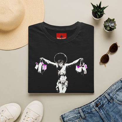 Banksy Crucifixion Balance Tee — Stenciled Jesus Holding Gift Bags Graphic T-Shirt