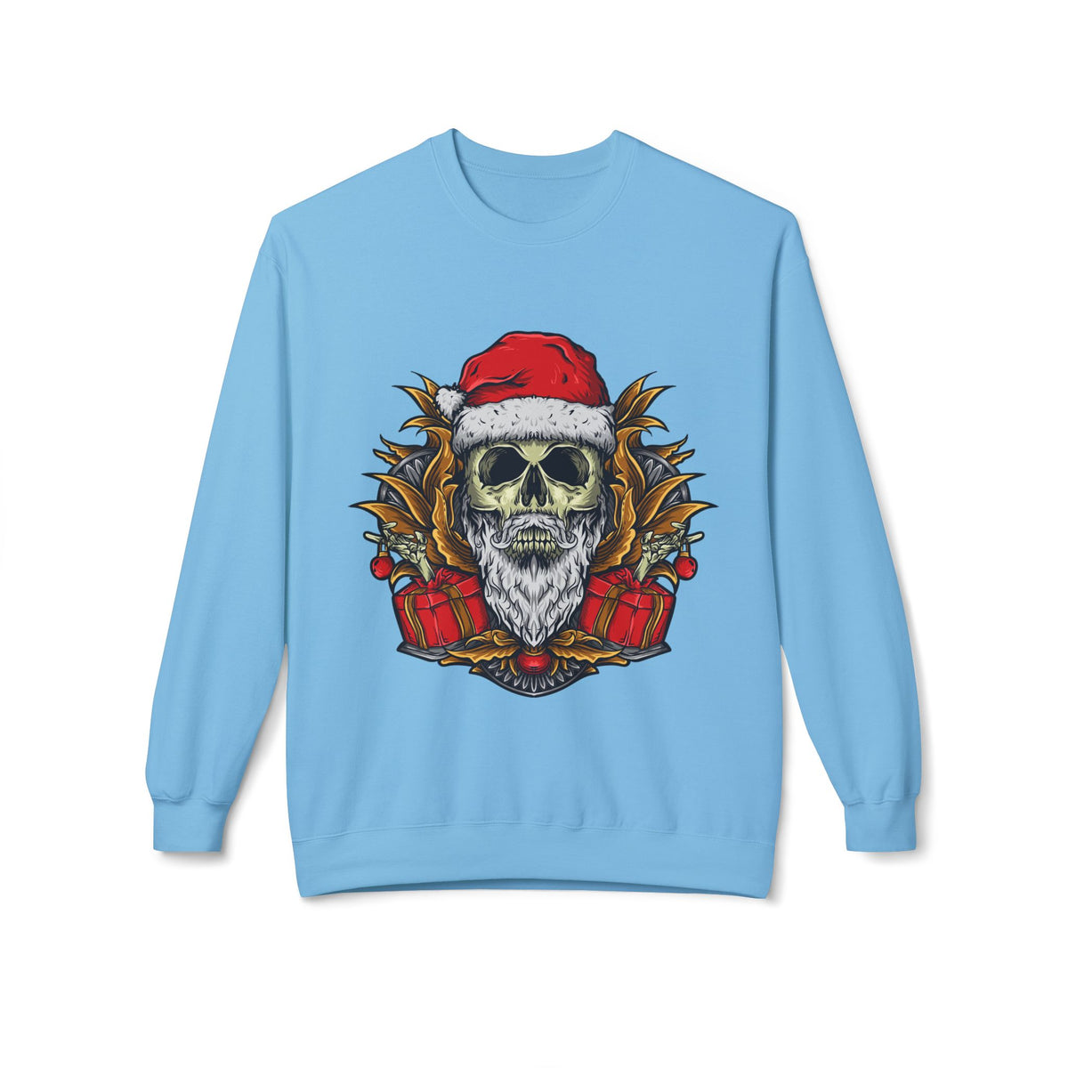 Skull Santa — Edgy Christmas Skull with Santa Hat and Gifts Crewneck Sweatshirt