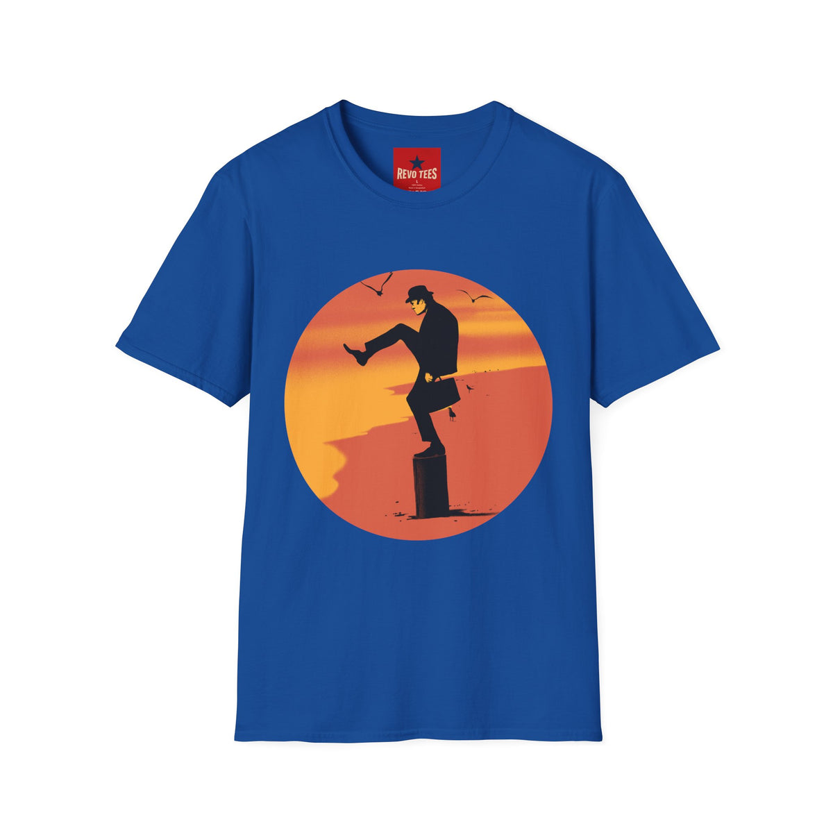 Revotees Sunset Silhouette Kicking Man Retro Beach Graphic T-Shirt - alternate view 10