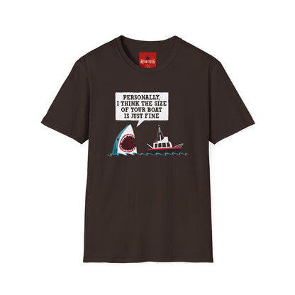Shark Joke T-Shirt — "Personally, I Think the Size of Your Boat Is Just Fine" Graphic Tee