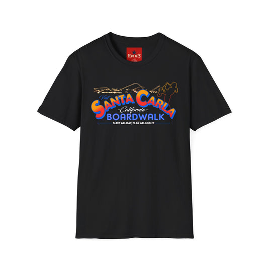 Santa Carla Boardwalk T-Shirt — Retro California Beach Tee ("Sleep All Day, Play All Night")