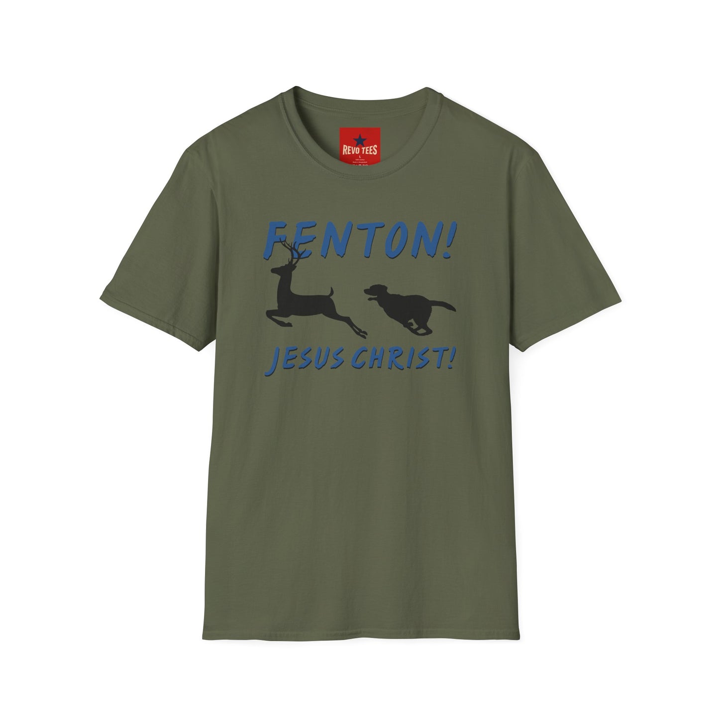 Fenton! Jesus Christ T‑Shirt — Funny Dog Chase Graphic Tee