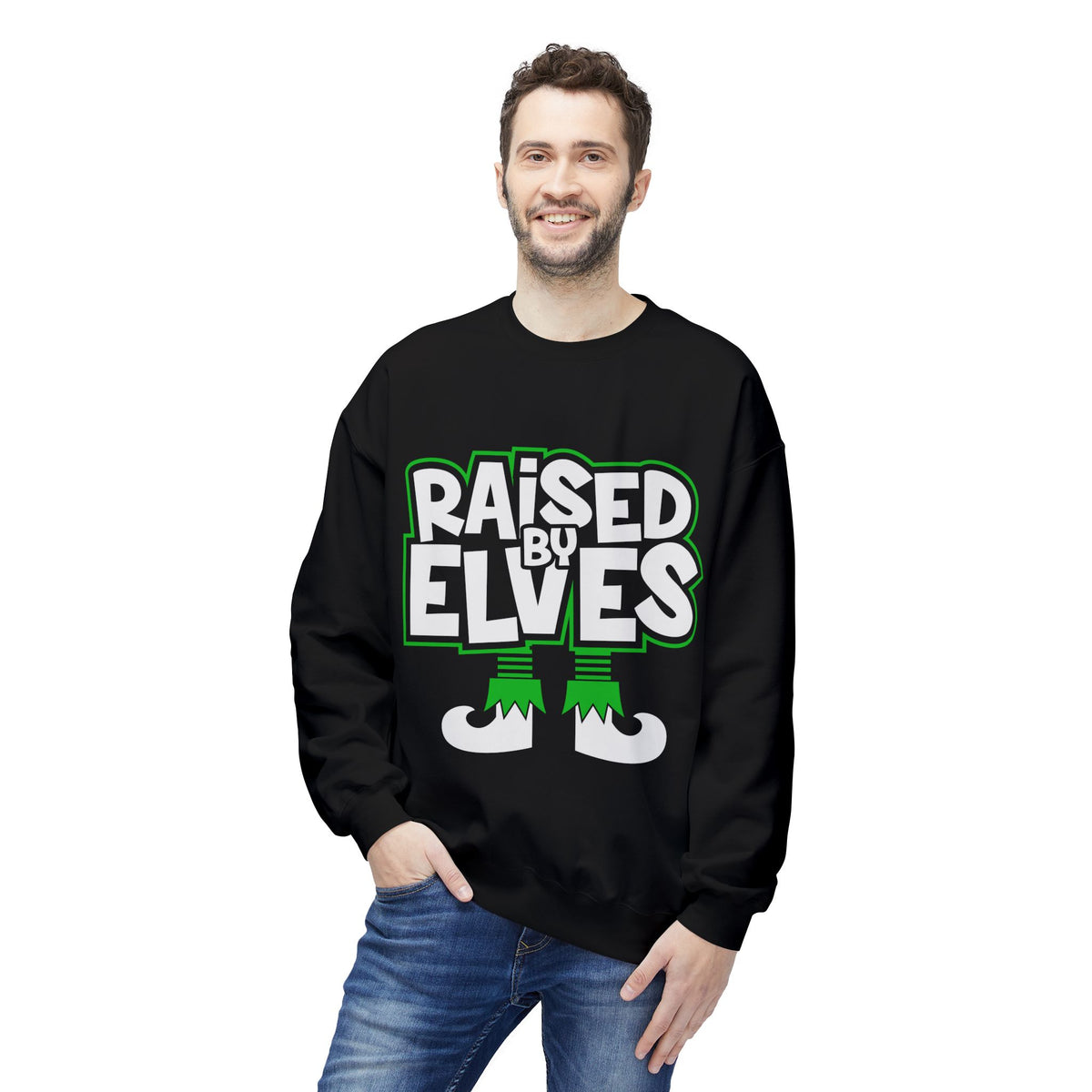 Raised by Elves Sweatshirt – Christmas Funny Holiday Crewneck