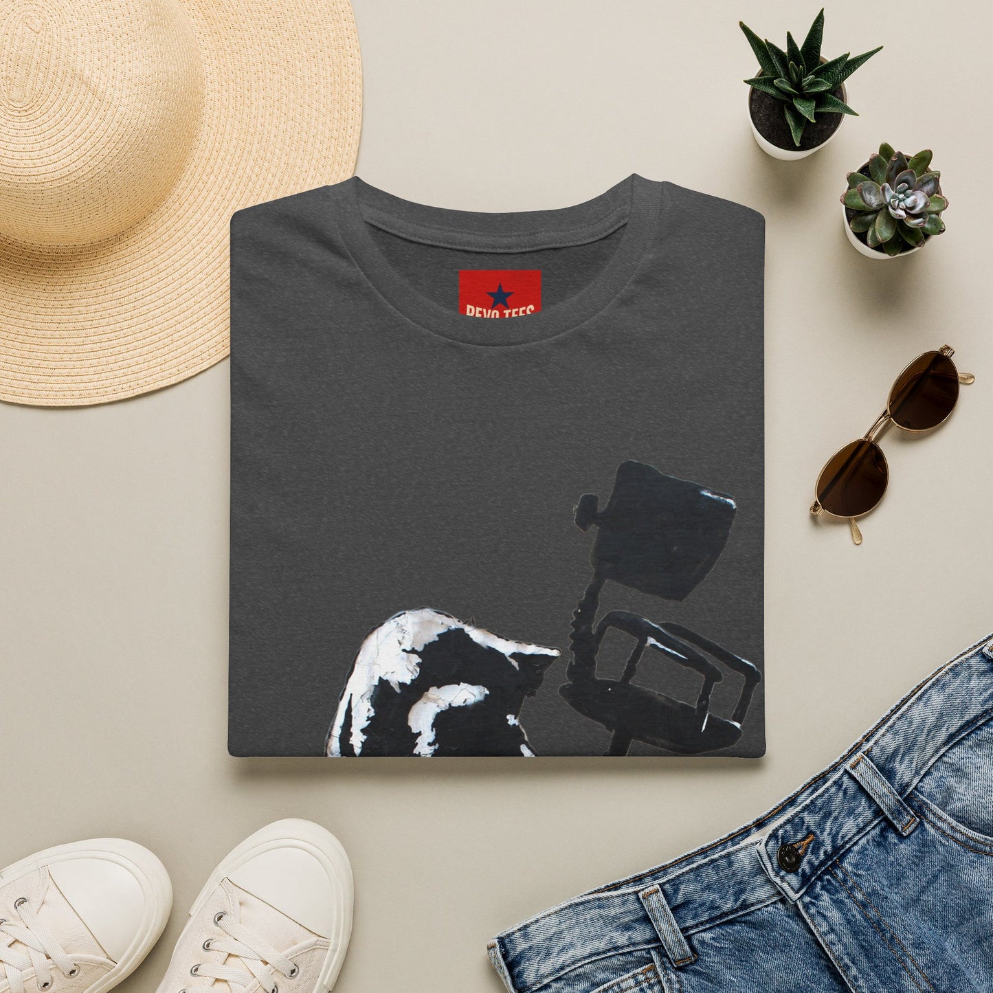 Banksy T-Shirt — Black Cat Tossing Office Chair Graphic Tee
