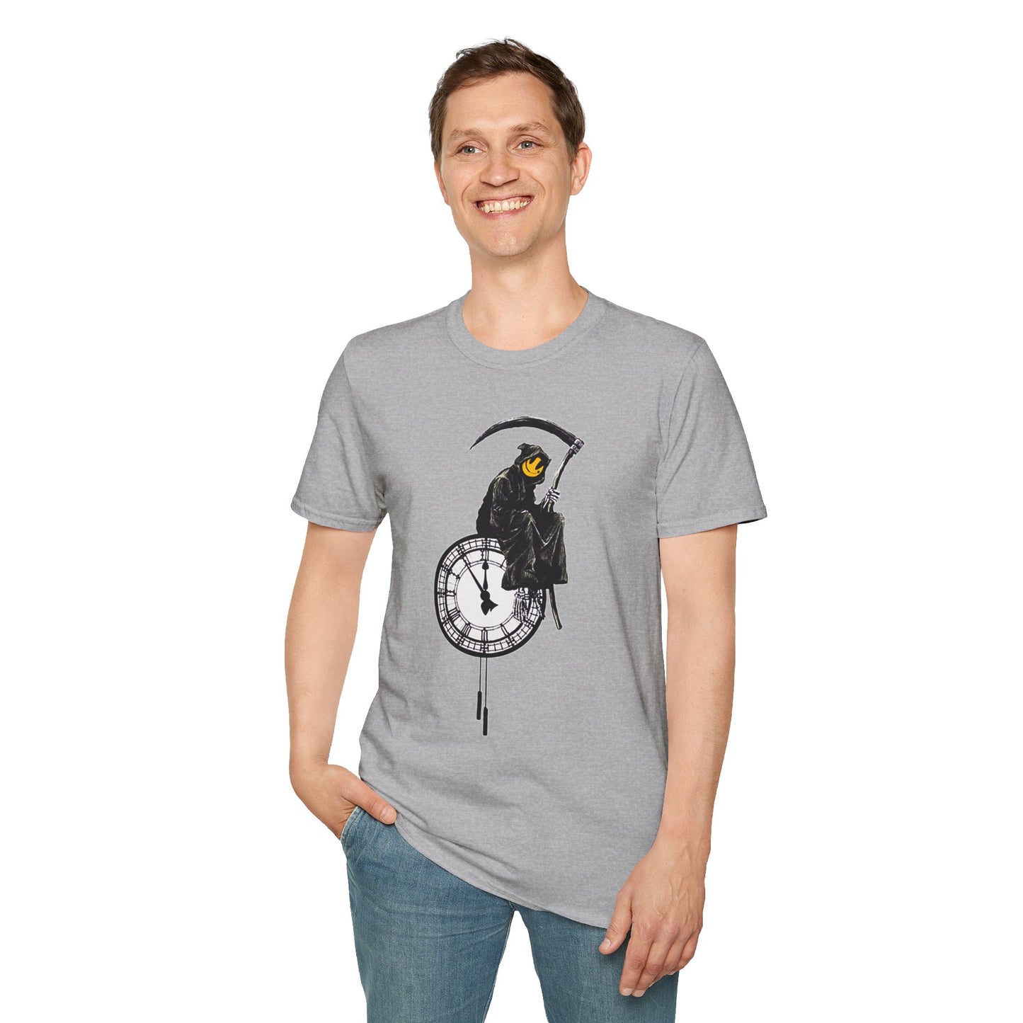 Banksy T‑Shirt — Grim Reaper Clock Graphic Tee (Smiley Mask)