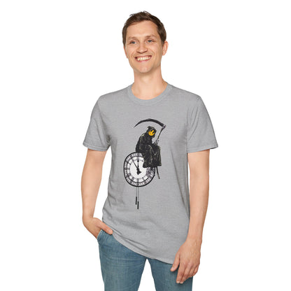 Banksy T‑Shirt — Grim Reaper Clock Graphic Tee (Smiley Mask)