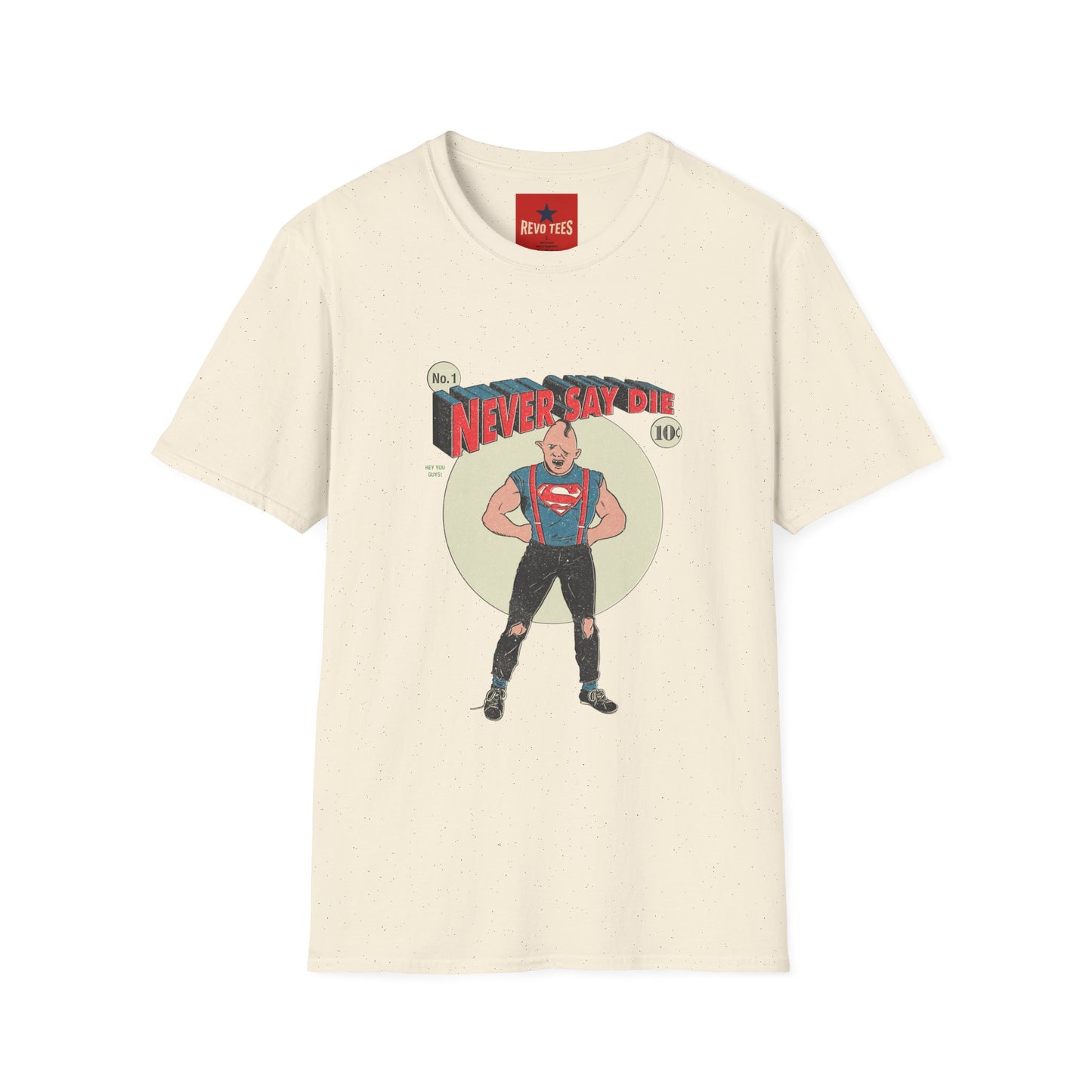 Never Say Die T‑Shirt — Vintage Superhero Graphic Tee