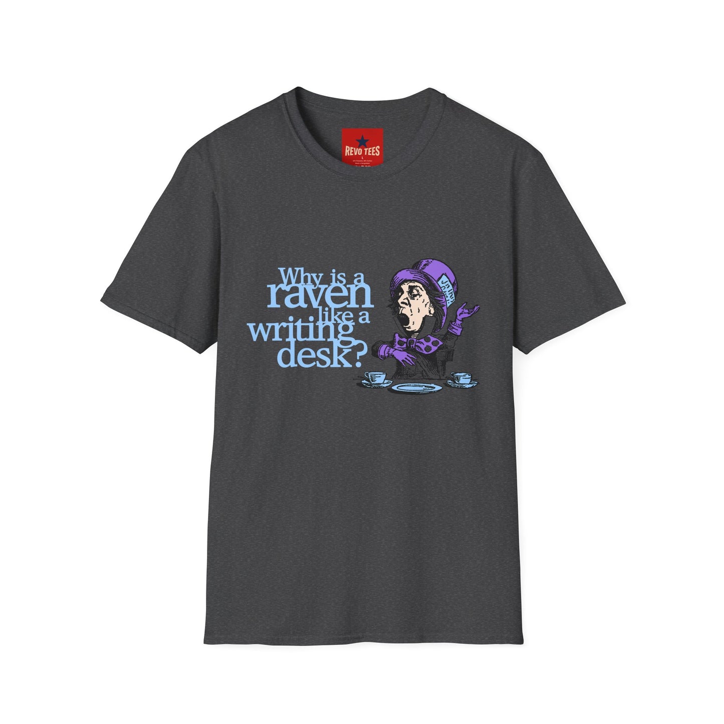 Why Is a Raven Like a Writing Desk? T-Shirt — Alice in Wonderland Mad Hatter Illustration