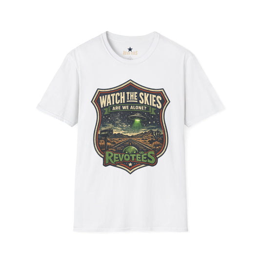 REVOTEES Watch the Skies T‑Shirt — “Are We Alone?” UFO Retro Graphic Tee