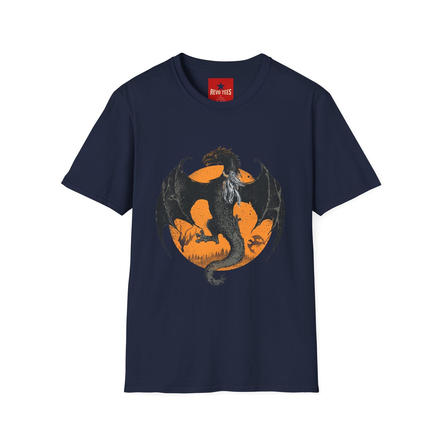 Dragon Moon T-Shirt — Black Dragon Silhouette with Orange Moon