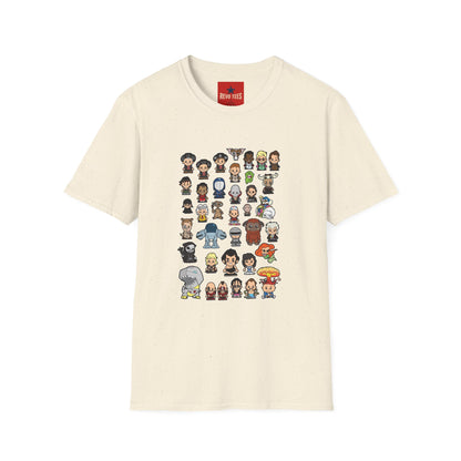 Cute Chibi Characters Crewneck T‑Shirt — Cartoon Character Grid Tee
