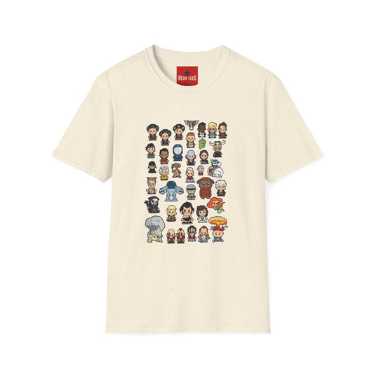 Cute Chibi Characters Crewneck T‑Shirt — Cartoon Character Grid Tee