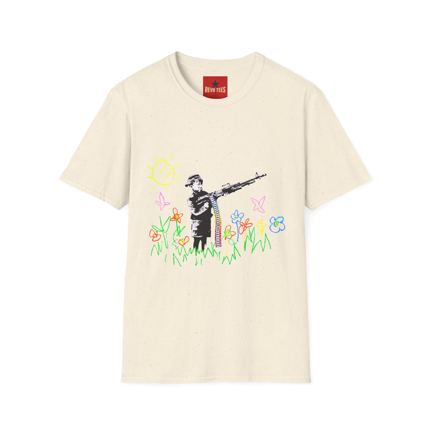 T-Shirt — Banksy Style Soldier with Childlike Doodle Flowers