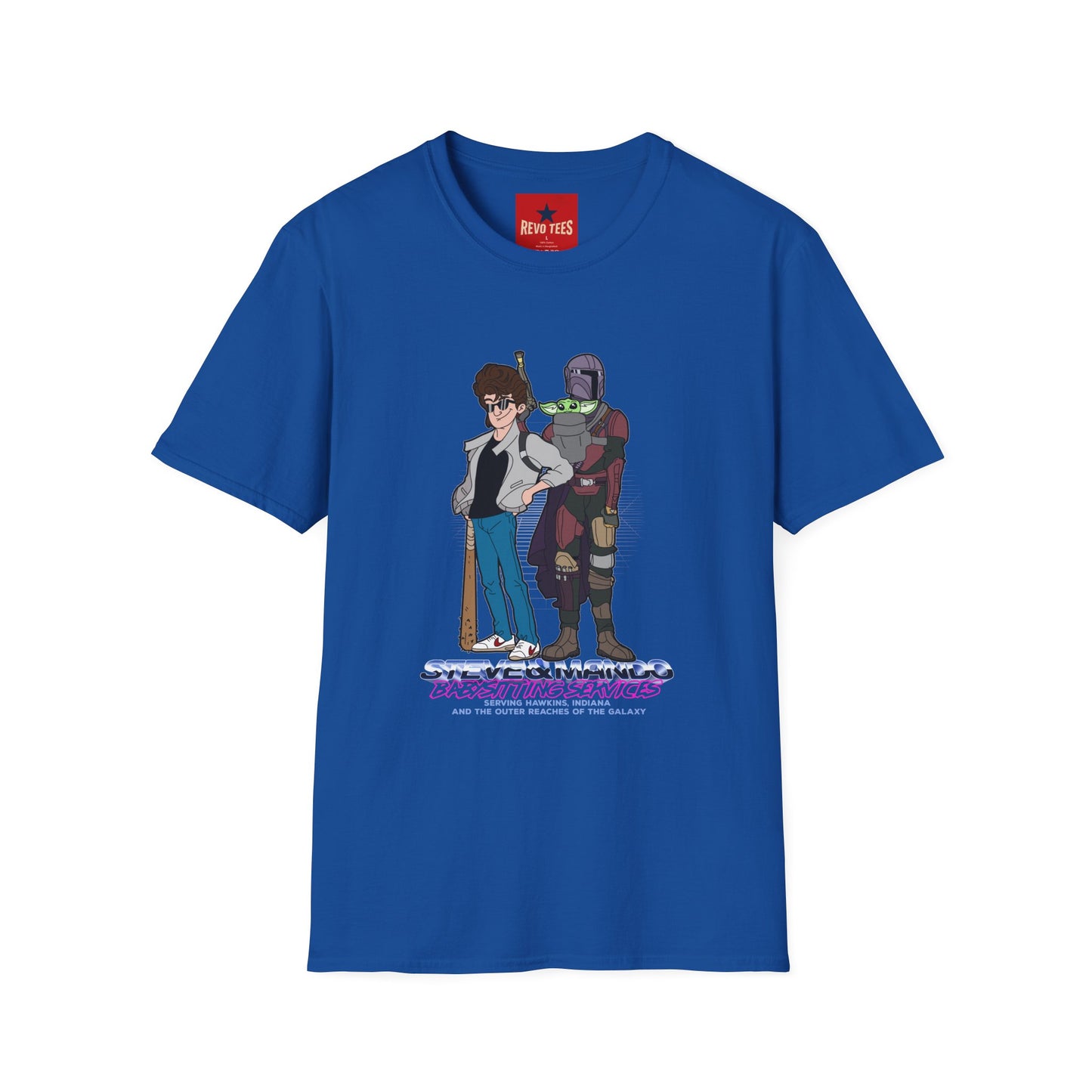 Retro Space Duo T‑Shirt — Cartoon Bounty Hunter & Kid Graphic Tee