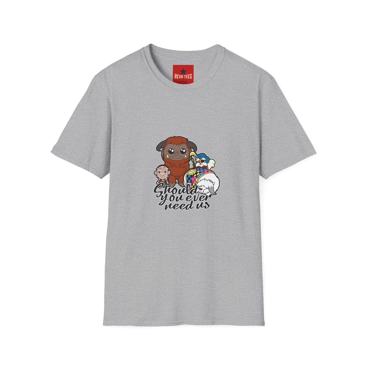 Cute Plush Creature T-Shirt — “Shoulder You Ever Need Us” Cartoon Group Tee
