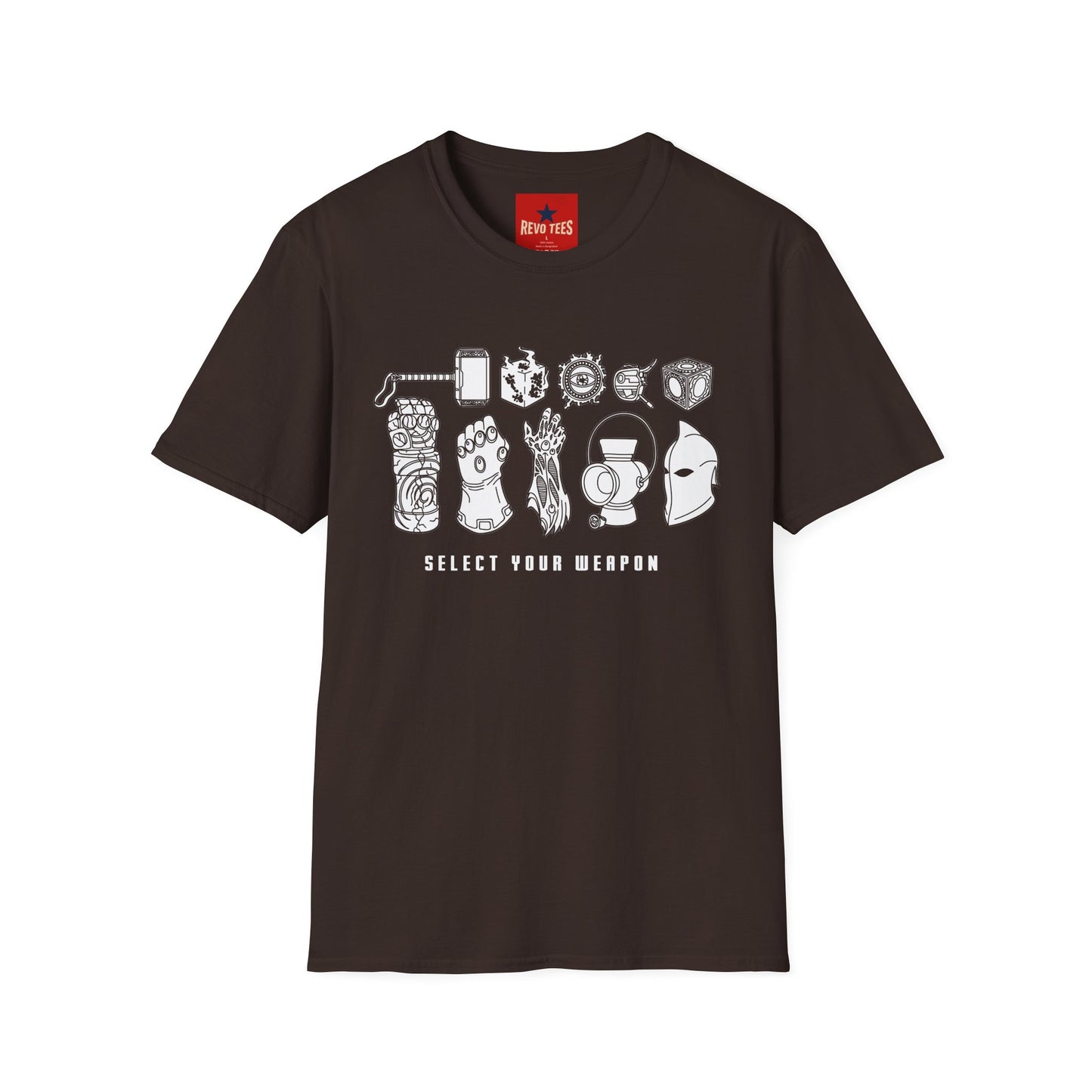 Graphic T-Shirt — "Select Your Weapon" Gamer/Pop Culture Icons Tee
