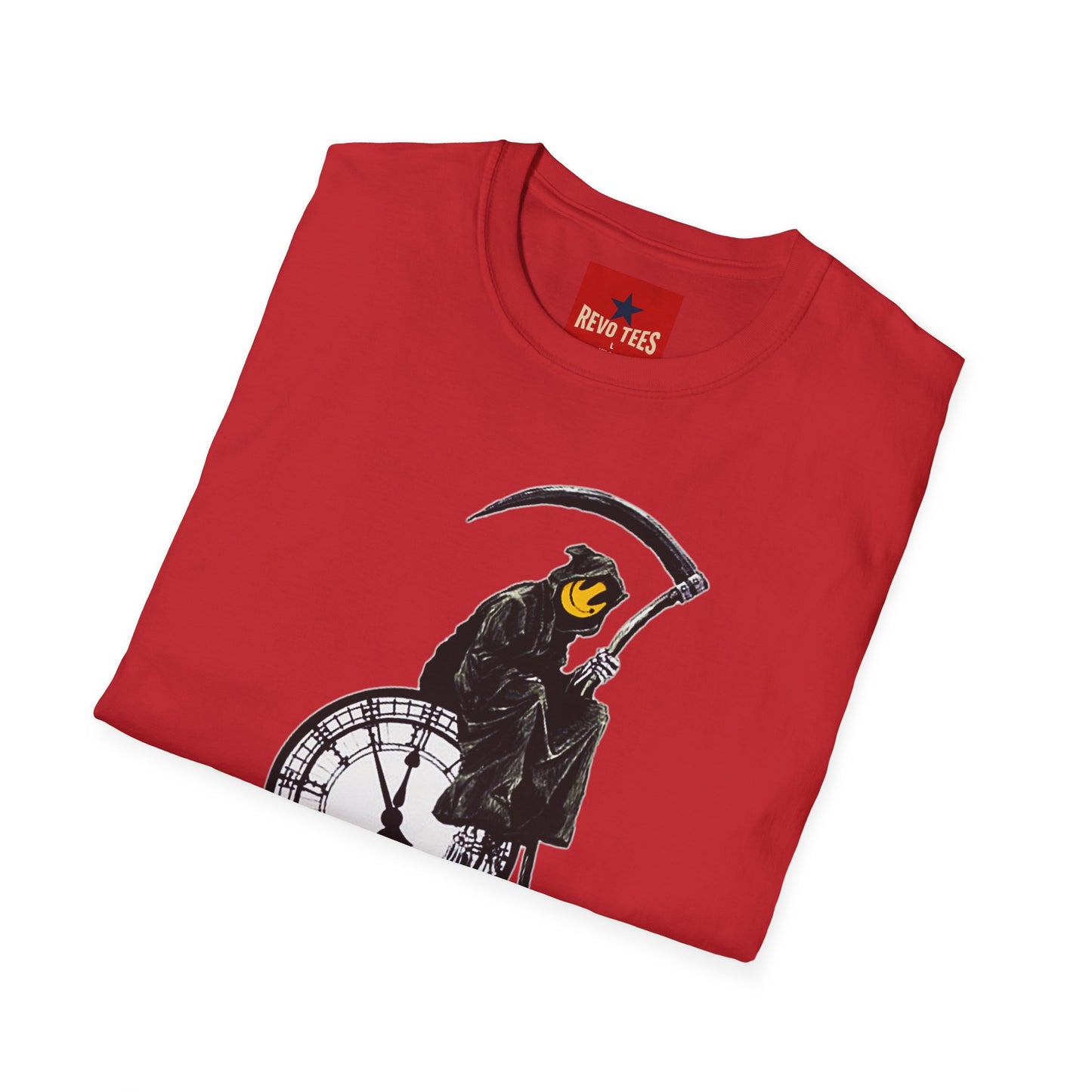 Banksy T‑Shirt — Grim Reaper Clock Graphic Tee (Smiley Mask)