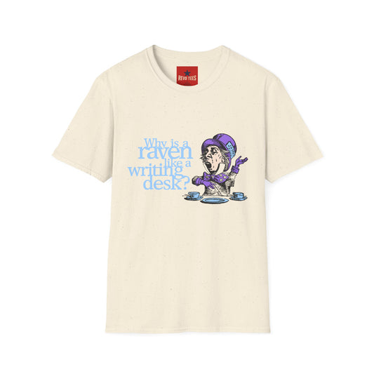 Why Is a Raven Like a Writing Desk? T-Shirt — Alice in Wonderland Mad Hatter Illustration
