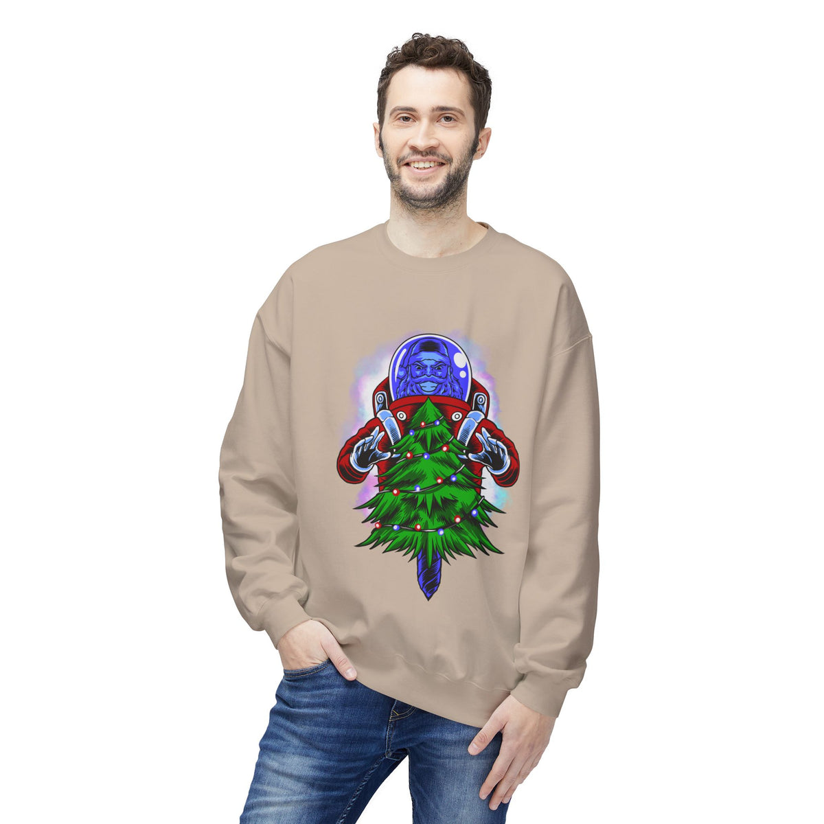 Astronaut Santa Pouncing on a Christmas Tree Crewneck Sweatshirt