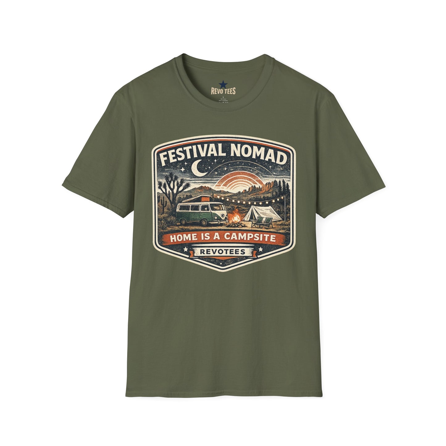 REVOTEES Festival Nomad Retro Camping Tee ("Home Is a Campsite")