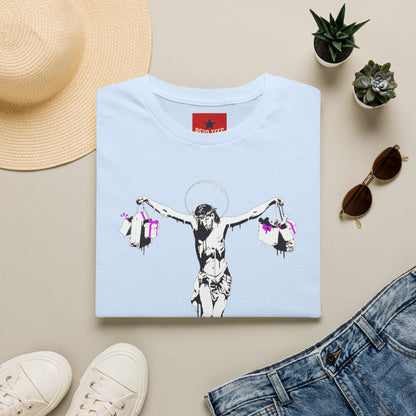 Banksy Crucifixion Balance Tee — Stenciled Jesus Holding Gift Bags Graphic T-Shirt