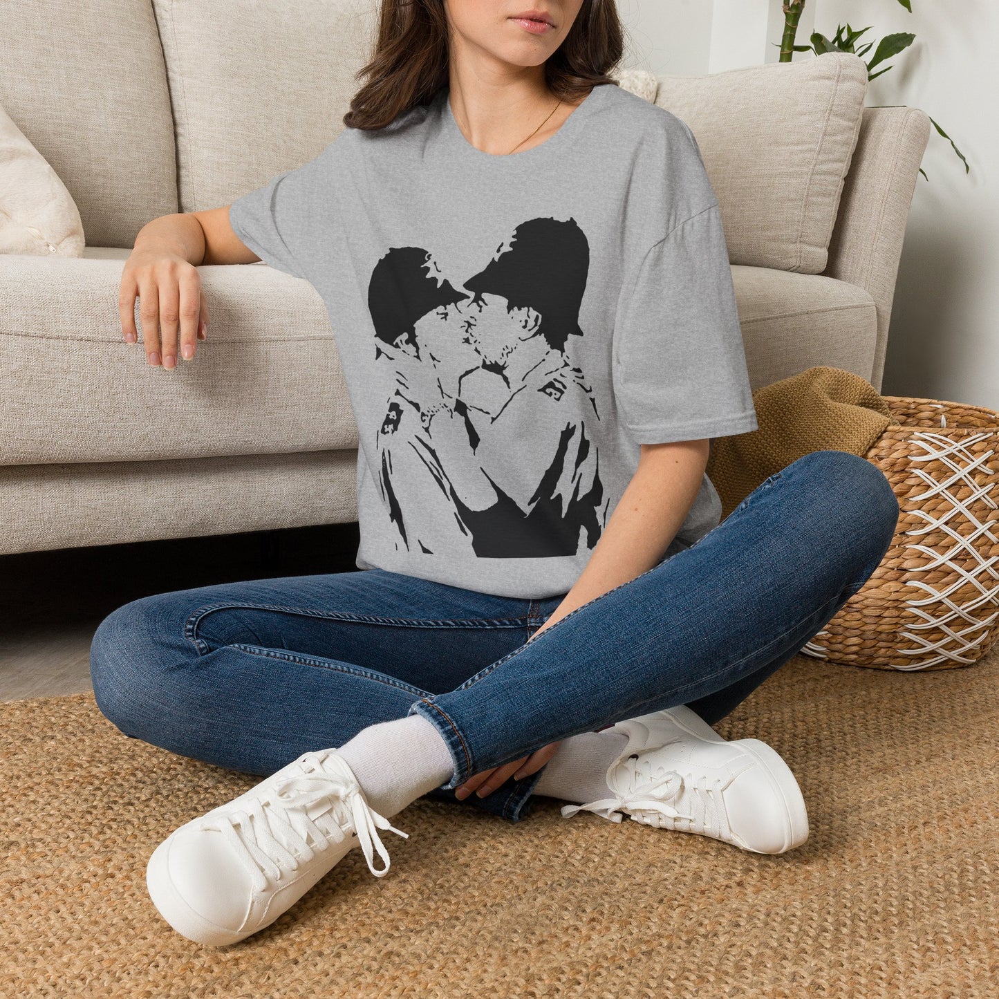 Banksy - Kissing Policemen Graphic T‑Shirt — Vintage Stencil Couple Print