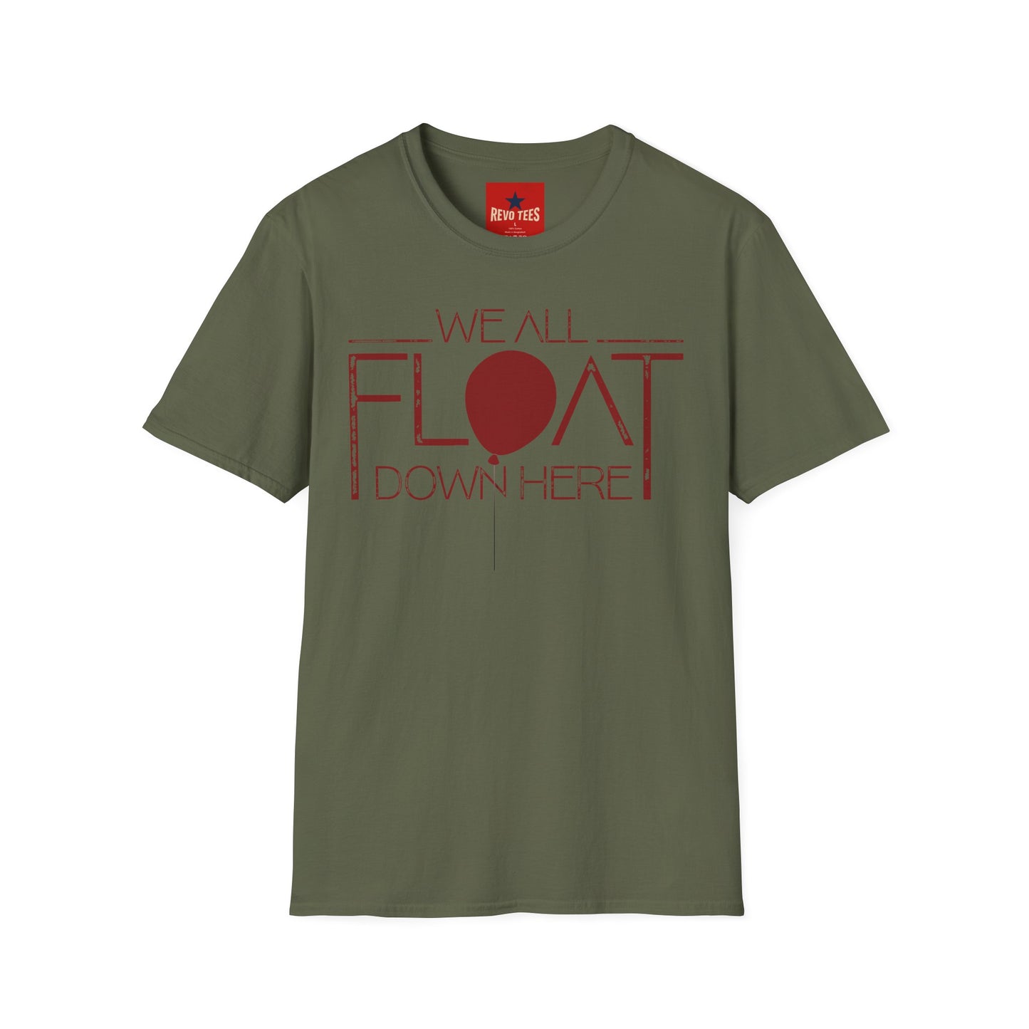 We All Float Down Here T-Shirt — Horror Pennywise Balloon Graphic Tee
