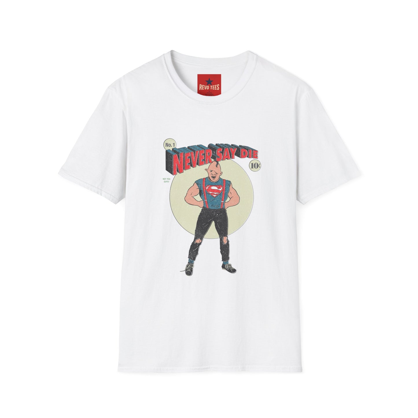 Never Say Die T‑Shirt — Vintage Superhero Graphic Tee
