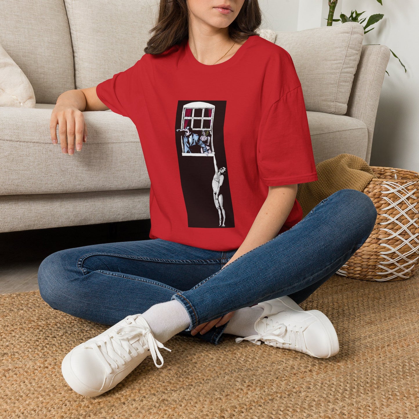 Banksy Window Watchers Graphic T-Shirt — Vintage Couple & Cat Illustration