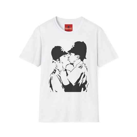 Banksy - Kissing Policemen Graphic T‑Shirt — Vintage Stencil Couple Print