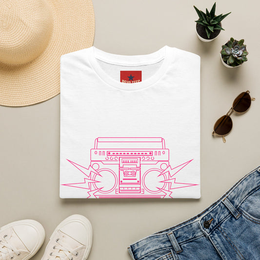 Retro Boombox Tee — Pink Line Art Vintage Radio Graphic T-Shirt