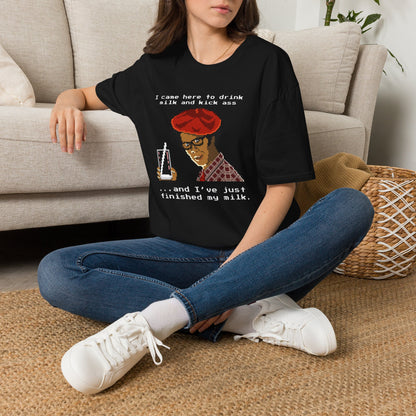Graphic T‑Shirt — "I Came Here to Drink Milk and Kick Ass" Retro Pixel Design