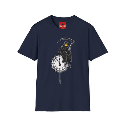 Banksy T‑Shirt — Grim Reaper Clock Graphic Tee (Smiley Mask)