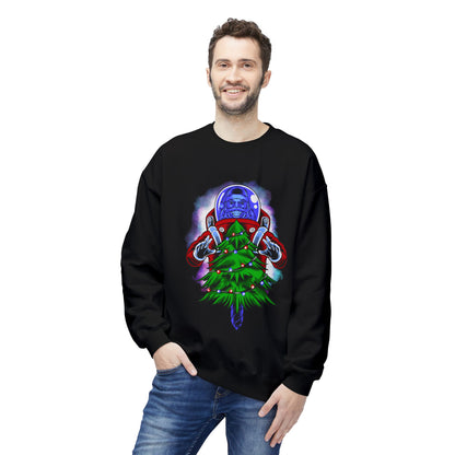 Astronaut Santa Pouncing on a Christmas Tree Crewneck Sweatshirt