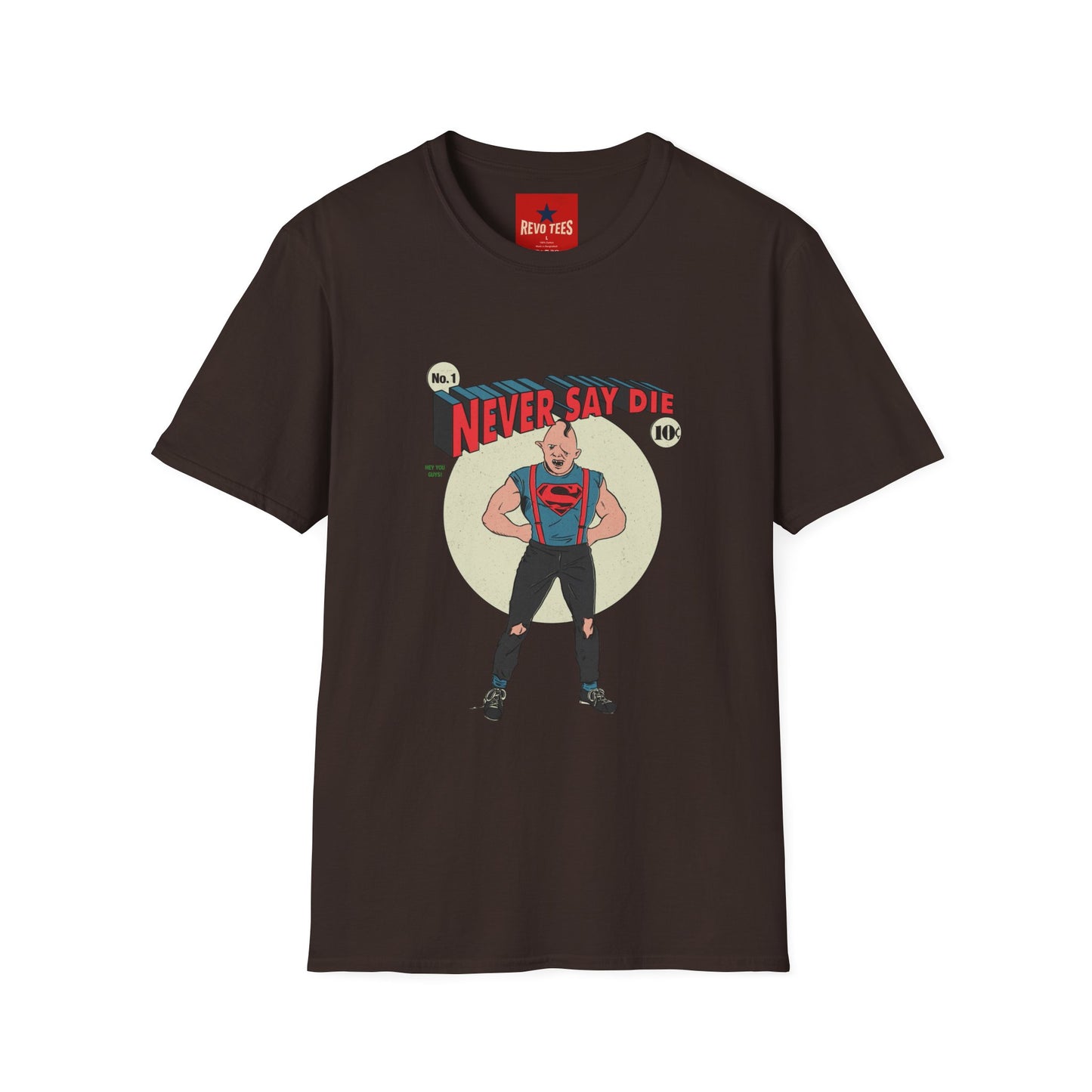 Never Say Die T‑Shirt — Vintage Superhero Graphic Tee