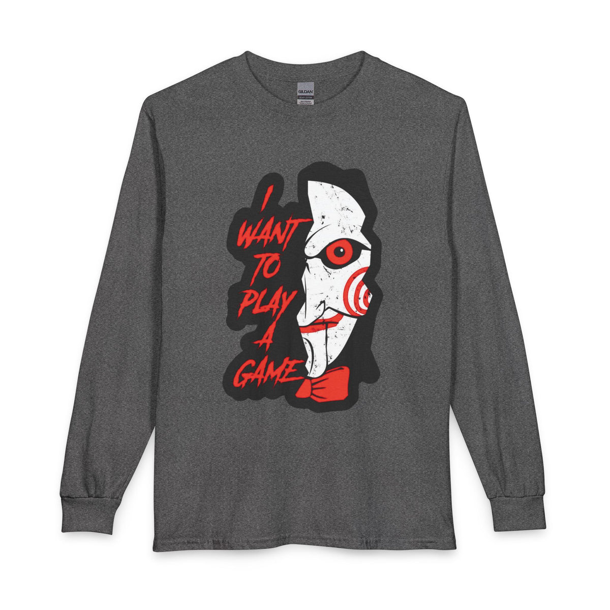 SAW - Horror Movie Long Sleeve Tee — "I Want to Play a Game" Jigsaw Puppet Graphic