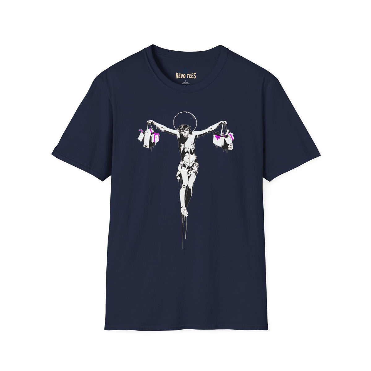 Revotees Banksy Crucifixion Balance Stenciled Jesus Holding Gift Bags Graphic T-Shirt - alternate view 10