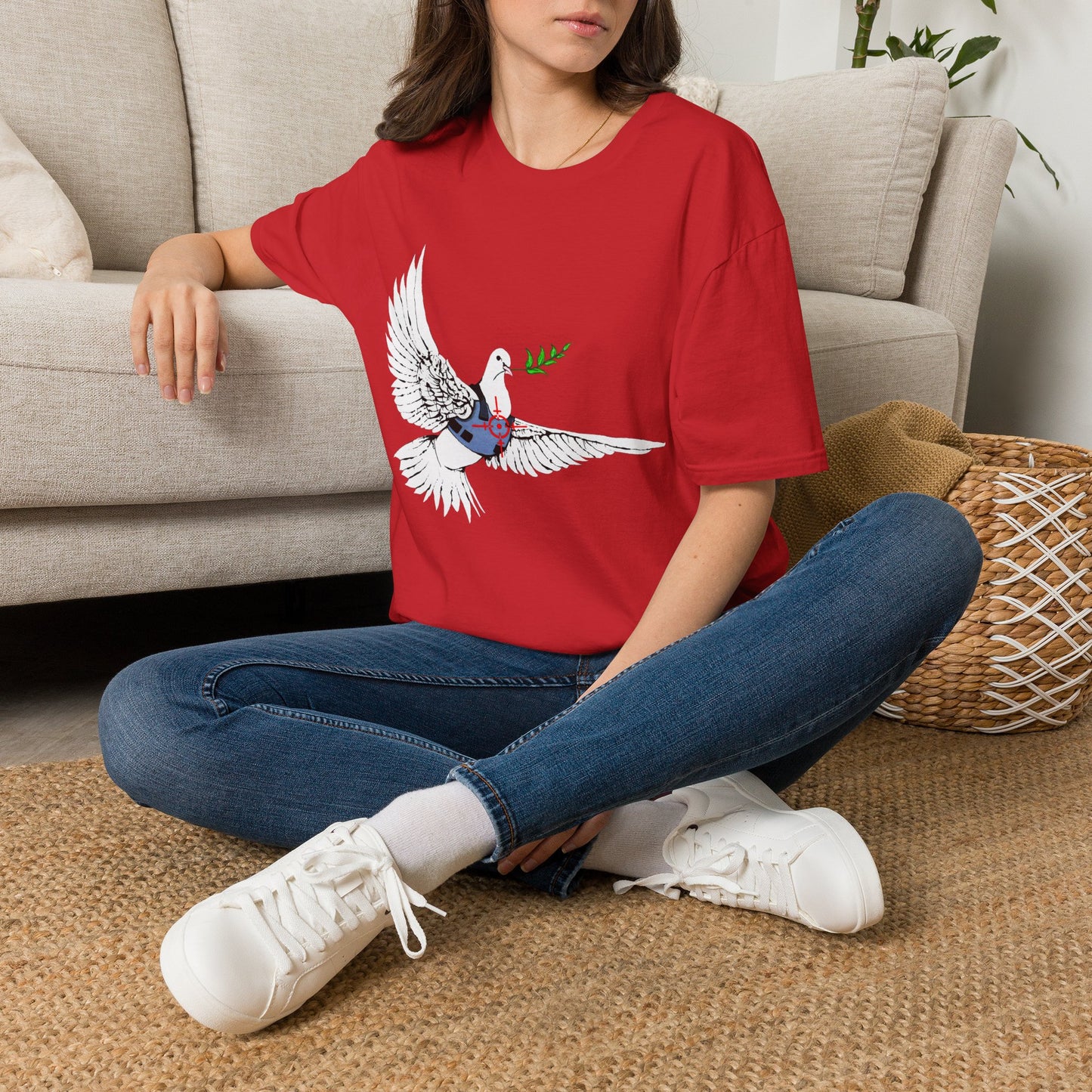 Banksy's Dove of Peace T‑Shirt — Flying Dove with Olive Branch & Earth Heart Graphic