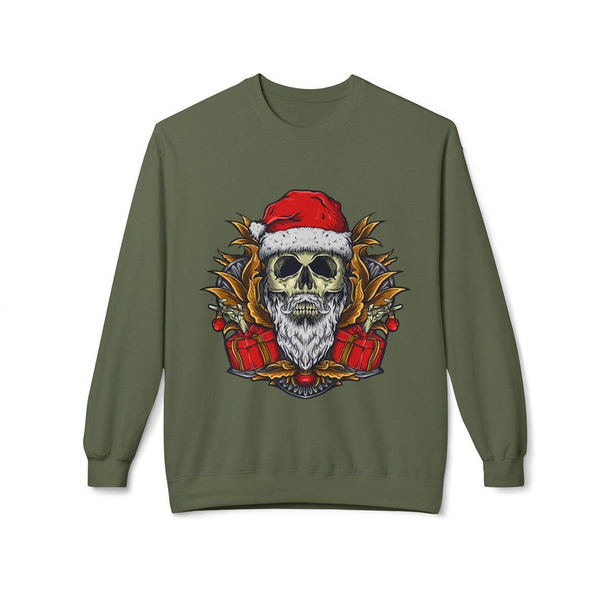 Skull Santa — Edgy Christmas Skull with Santa Hat and Gifts Crewneck Sweatshirt