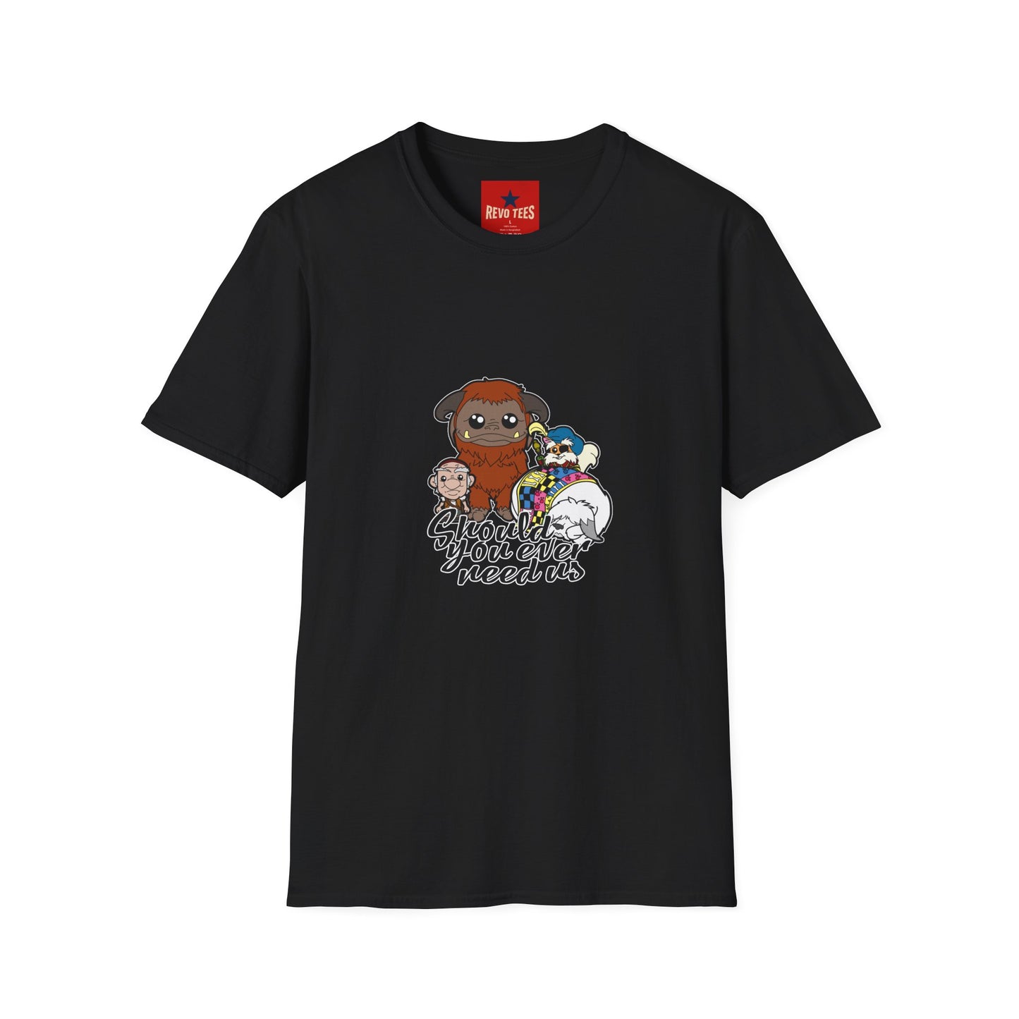 Cute Plush Creature T-Shirt — “Shoulder You Ever Need Us” Cartoon Group Tee