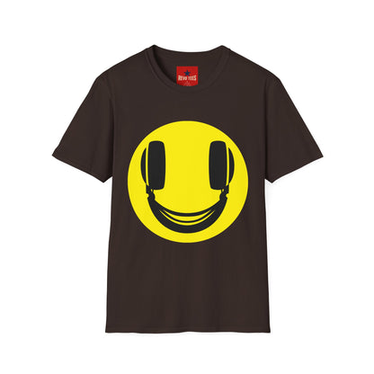 Smiley Face Headphones T-Shirt — Retro Music Lover Graphic Tee