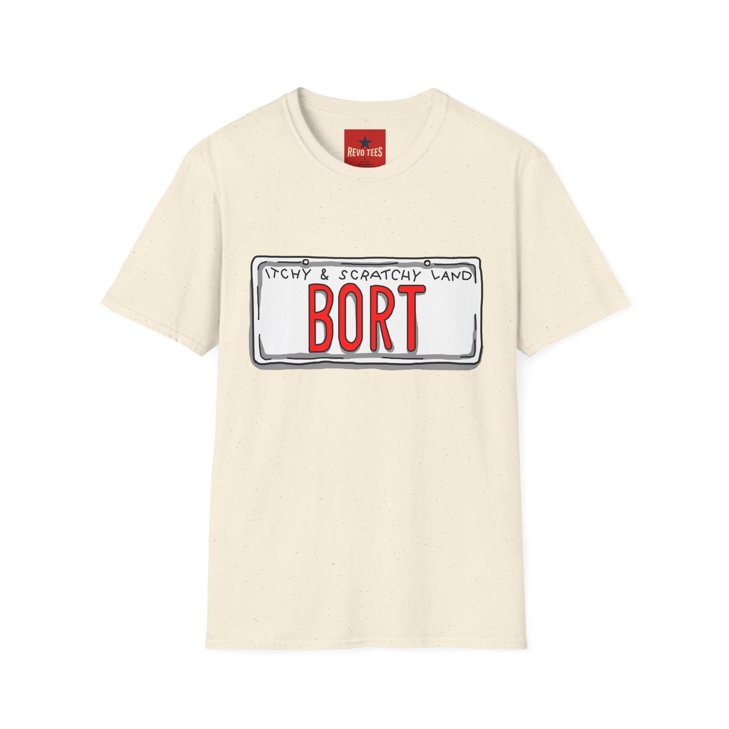 BORT License Plate T‑Shirt — 'Itchy & Scratchy Land' Retro TV Fan Tee