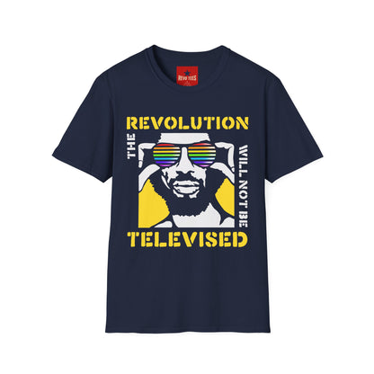 Revolution Is Televised T-Shirt — Retro Rainbow Sunglasses Protest Tee